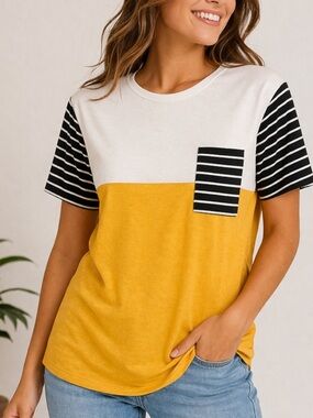 SHEIN Colorblock Tee 2XL Yellow White Black Striped Pocket Loose Fit Top